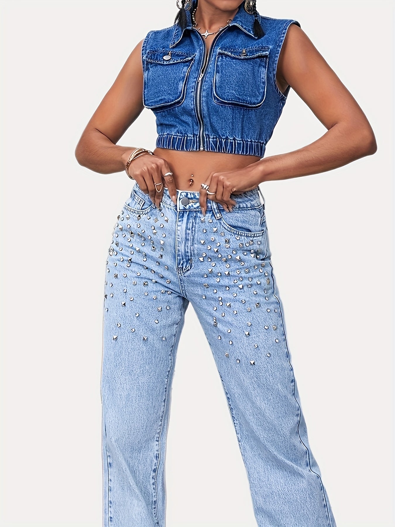 Cargo Denim Vest Zip Front Sleeveless Cropped Denim Jackets Women's Clothing