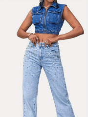 Cargo Denim Vest Zip Front Sleeveless Cropped Denim Jackets Women's Clothing