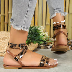 Leopard Printed Flat Sandals Ankle Strap Summer Beach Sandals