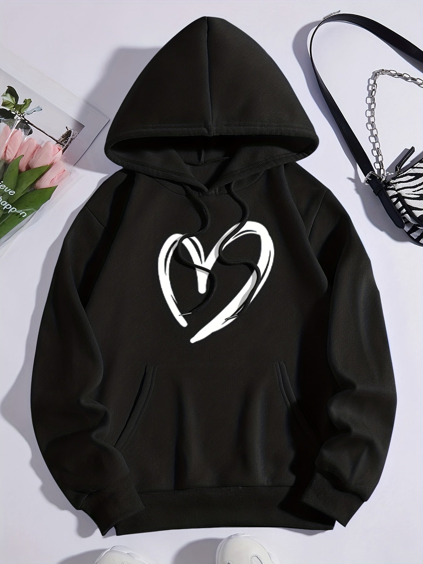Heart Graphic Sports Hoodie with Front Pocket