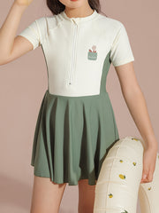 Sweet Girls Splicing Zip 1 piece Short Sleeve Swimsuit