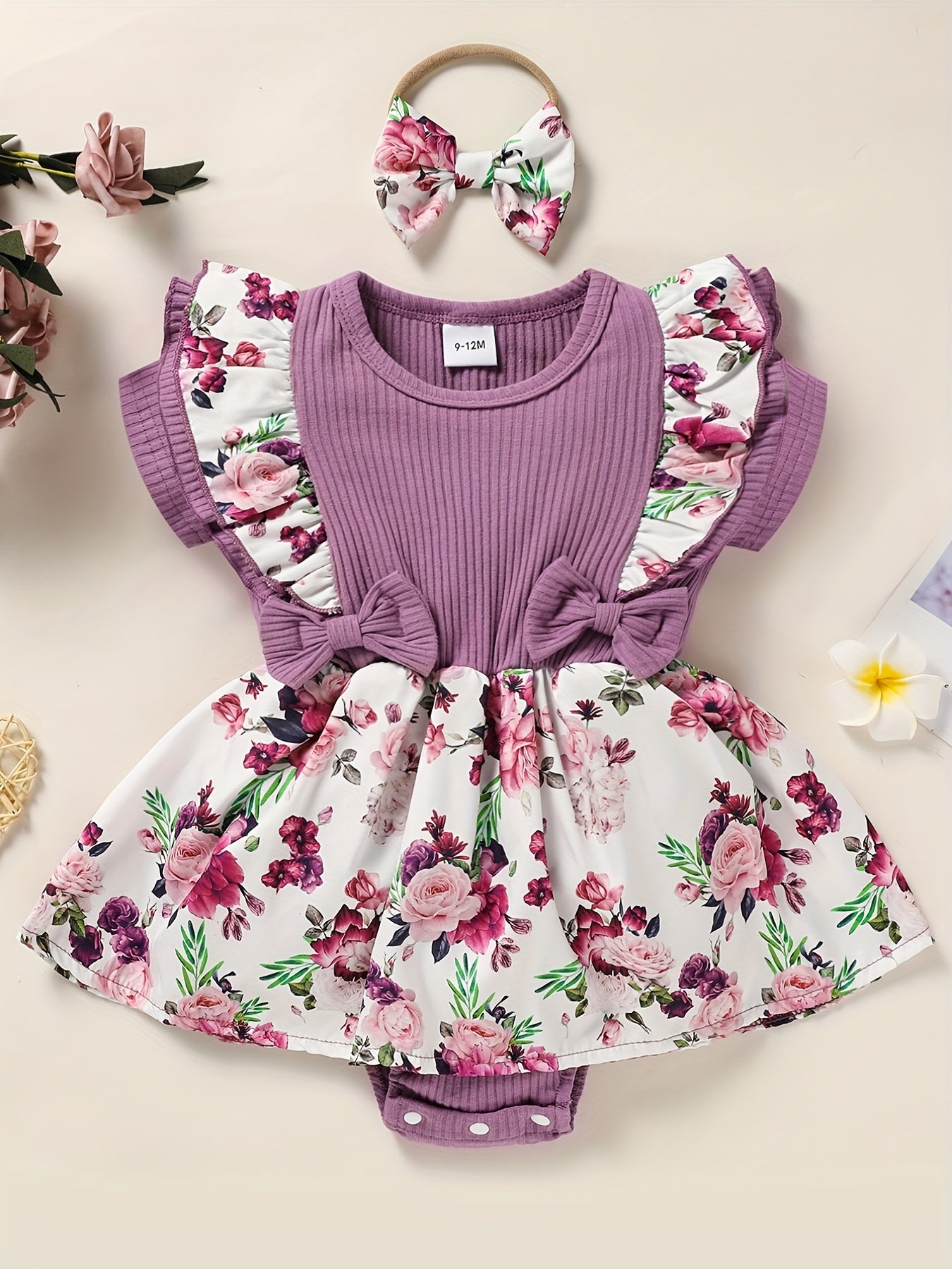 Newborn Infant Dress Splicing Romper Ruffle Flowers Print Short Sleeve Bodysuit