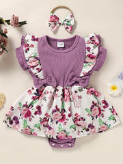 Newborn Infant Dress Splicing Romper Ruffle Flowers Print Short Sleeve Bodysuit