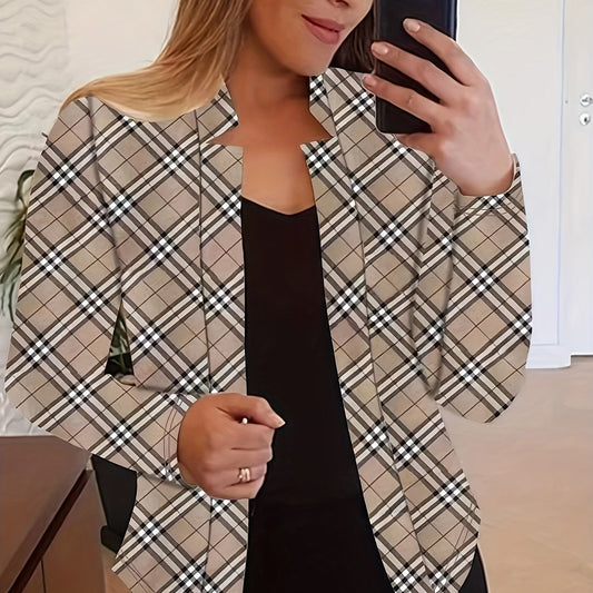 Plaid Print Long Sleeve Split Collar Blazer