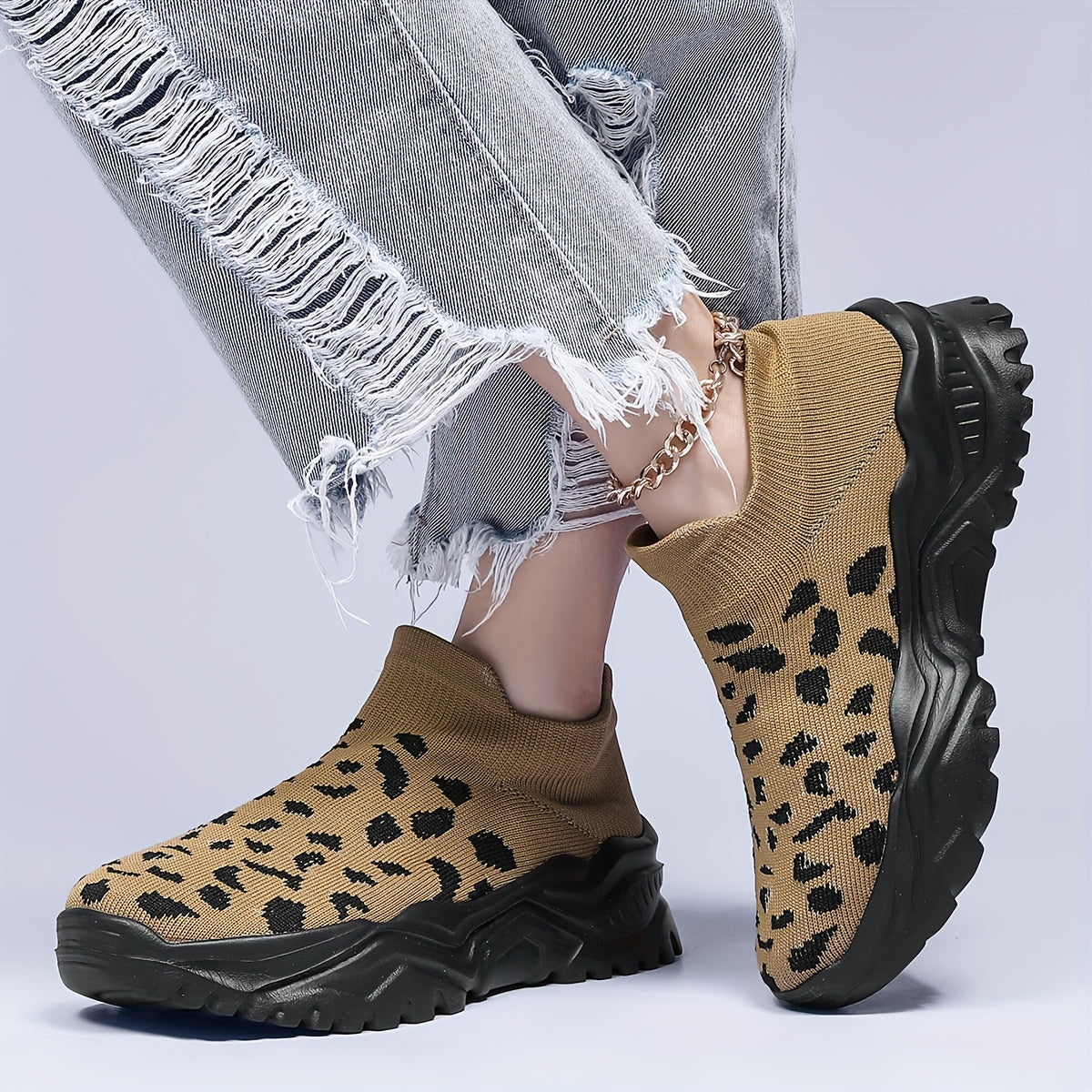 Leopard Pattern Mesh Running Shoes Comfortable Non slip Sneakers