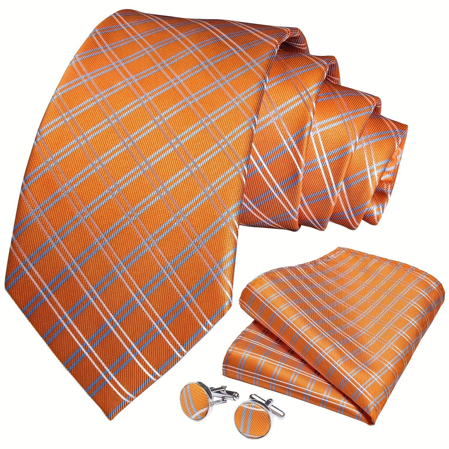 Men's Plaid Orange Silk Tie Set for Wedding Party