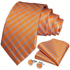 Men's Plaid Orange Silk Tie Set for Wedding Party