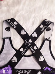 Skull & Bat Print Letter Tape Crisscross Back Bralette
