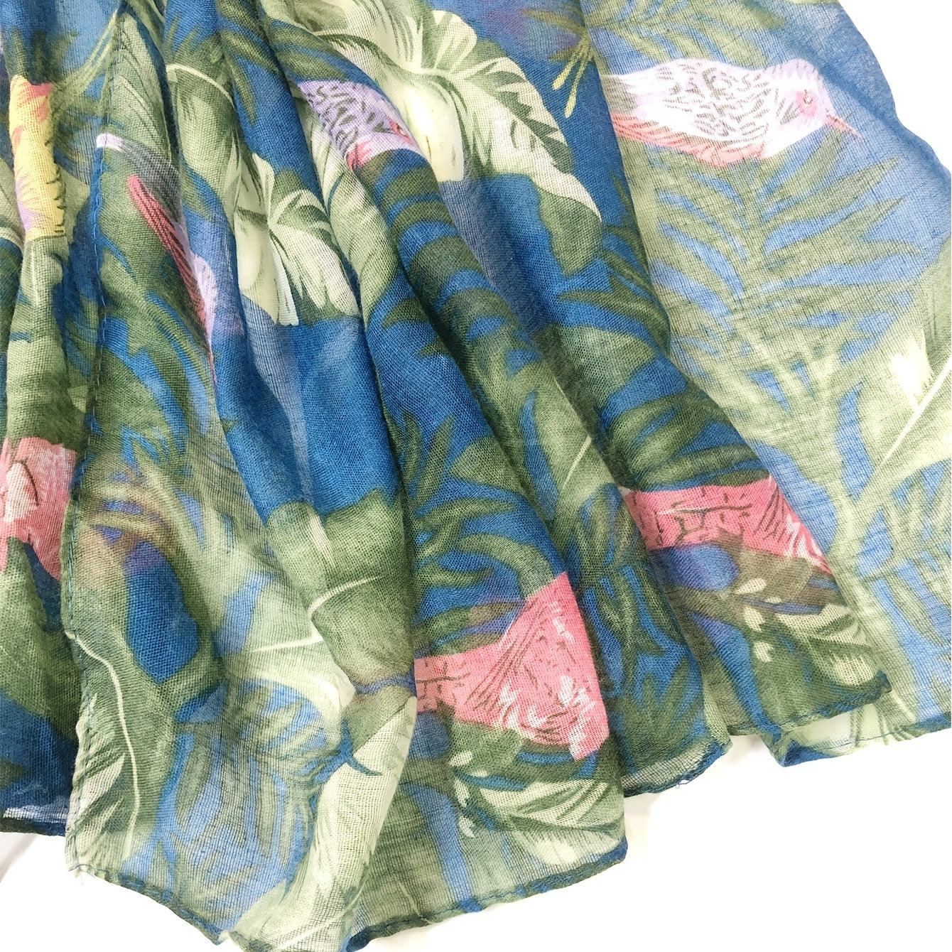 Green Voile Scarf Rainforest Bird Print Boho Shawl Head Wrap Bandana