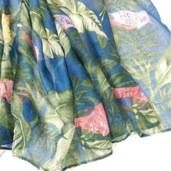 Green Voile Scarf Rainforest Bird Print Boho Shawl Head Wrap Bandana