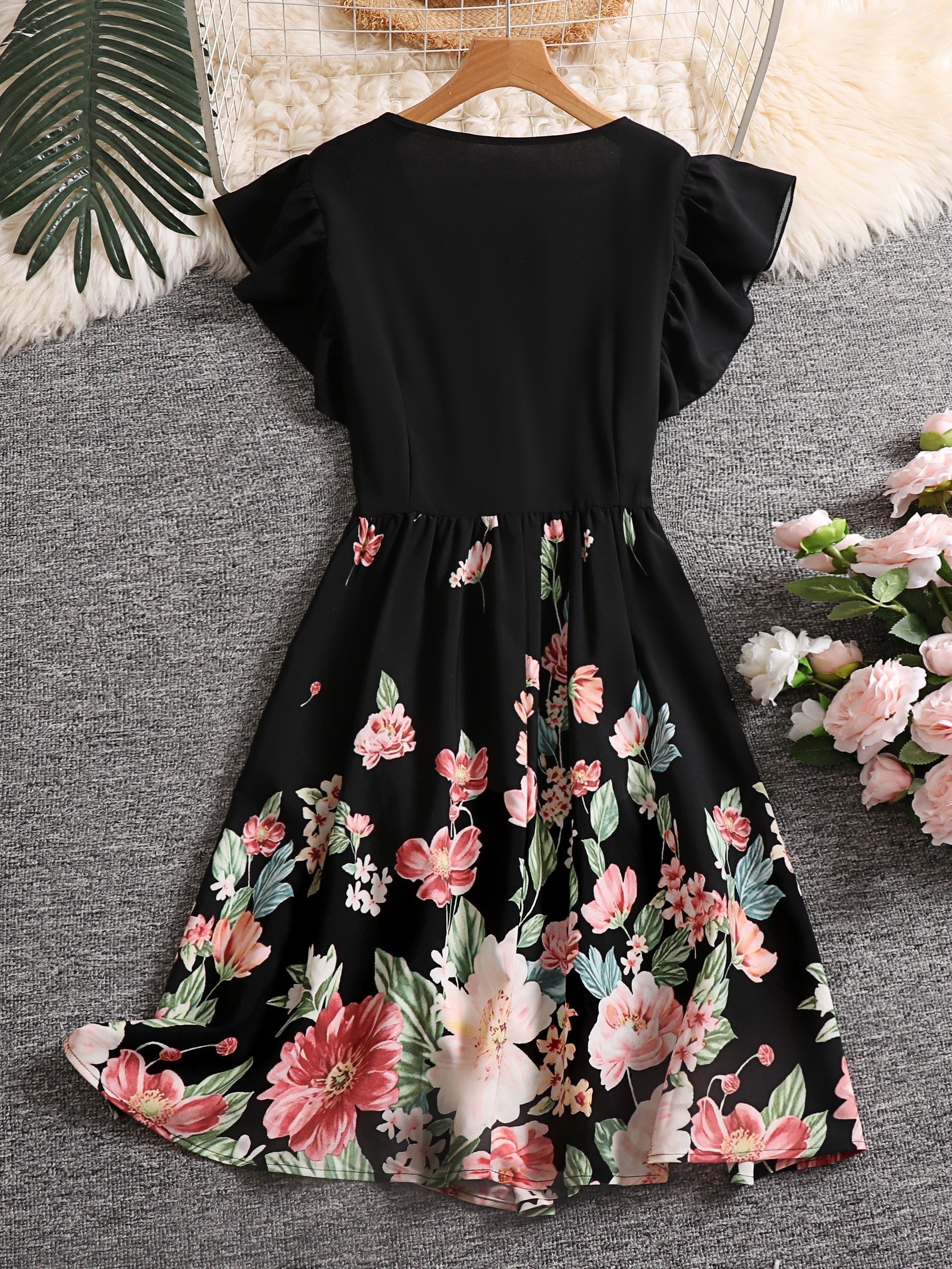 Floral Print Ruffle Sleeve V Neck Knot Mini Dress