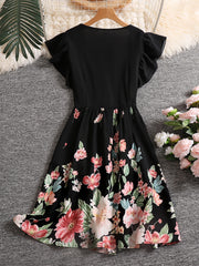 Floral Print Ruffle Sleeve V Neck Knot Mini Dress