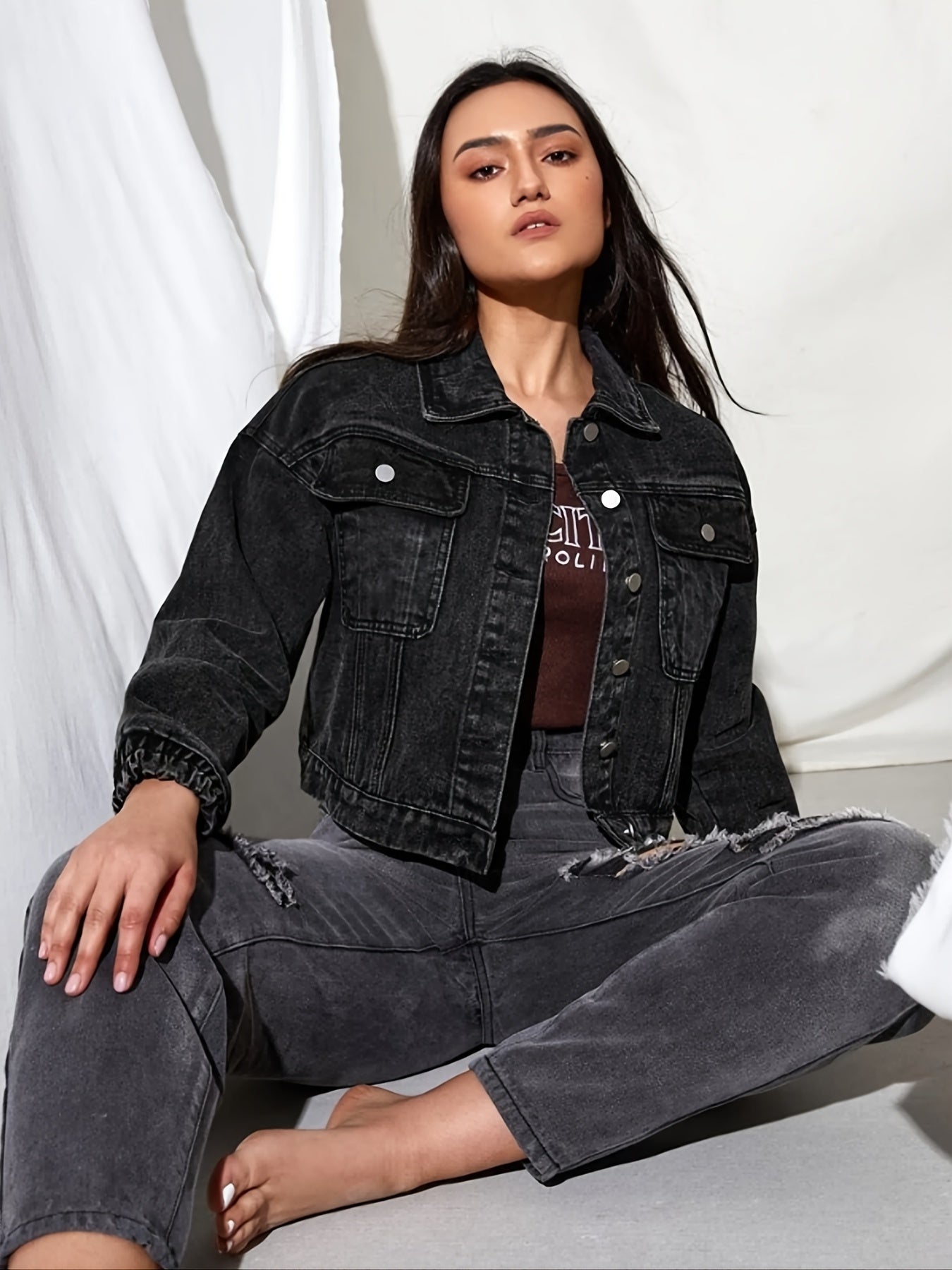 Elastic Band Washed Cropped Denim Jacket