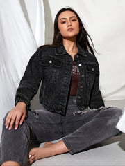 Elastic Band Washed Cropped Denim Jacket