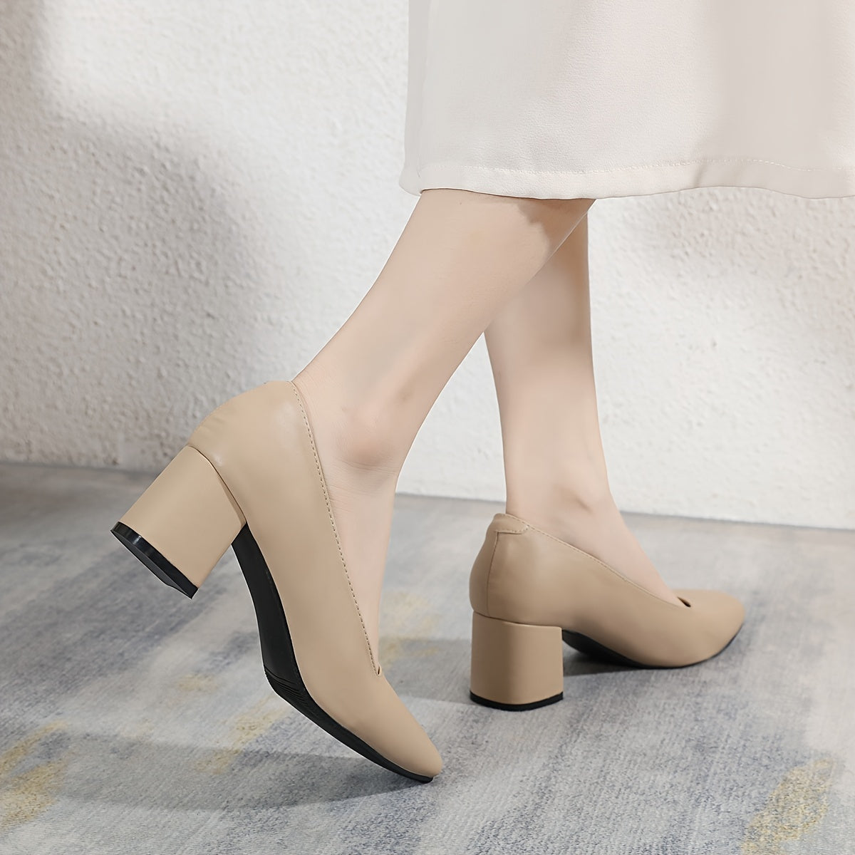 Chunky Heeled Court Pumps Square Toe Slip On Mid Heels for Office Work