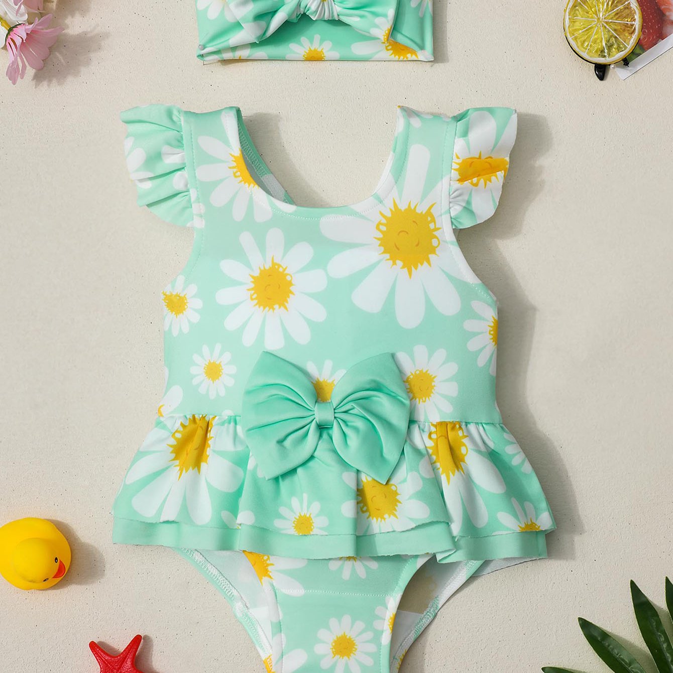 Baby Girls Daisy Print Ruffled Sleejsonves Swimsuit & Bow Headband Set