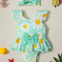 Baby Girls Daisy Print Ruffled Sleejsonves Swimsuit & Bow Headband Set