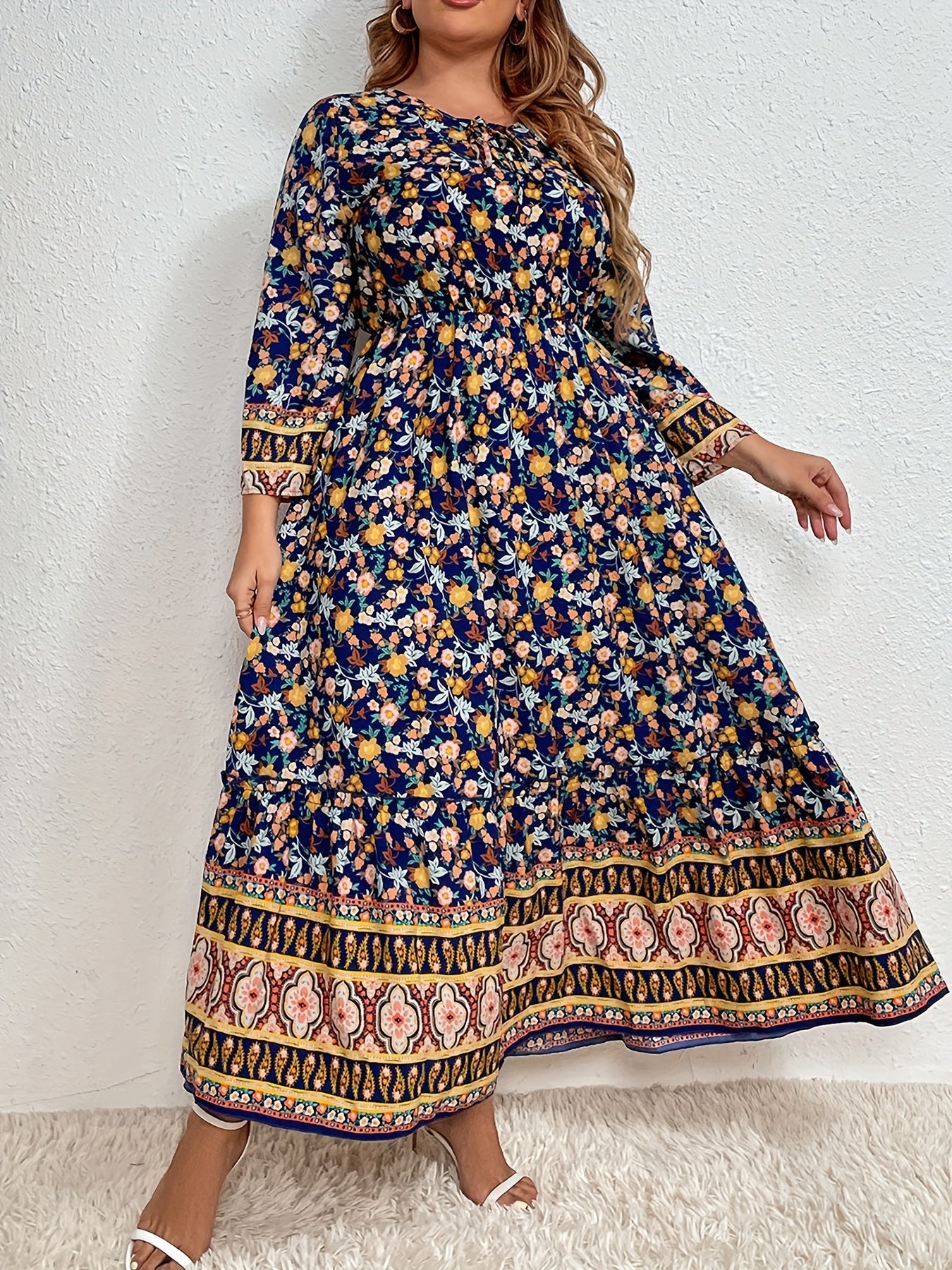 Boho Ditsy Floral Print Plus Size Maxi Dress