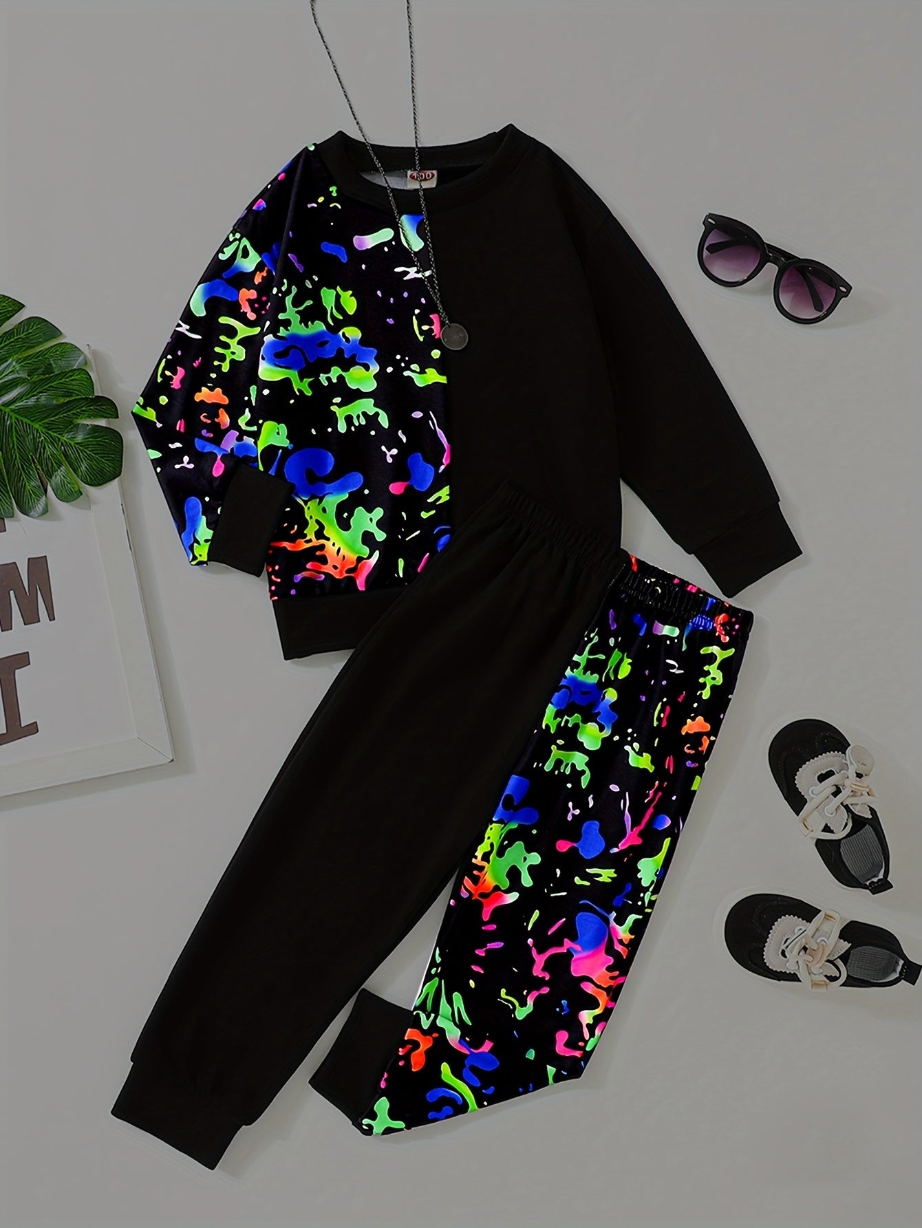 Reflective Paint Pattern Boy's 2pcs Sweatshirt & Sweatpants Set