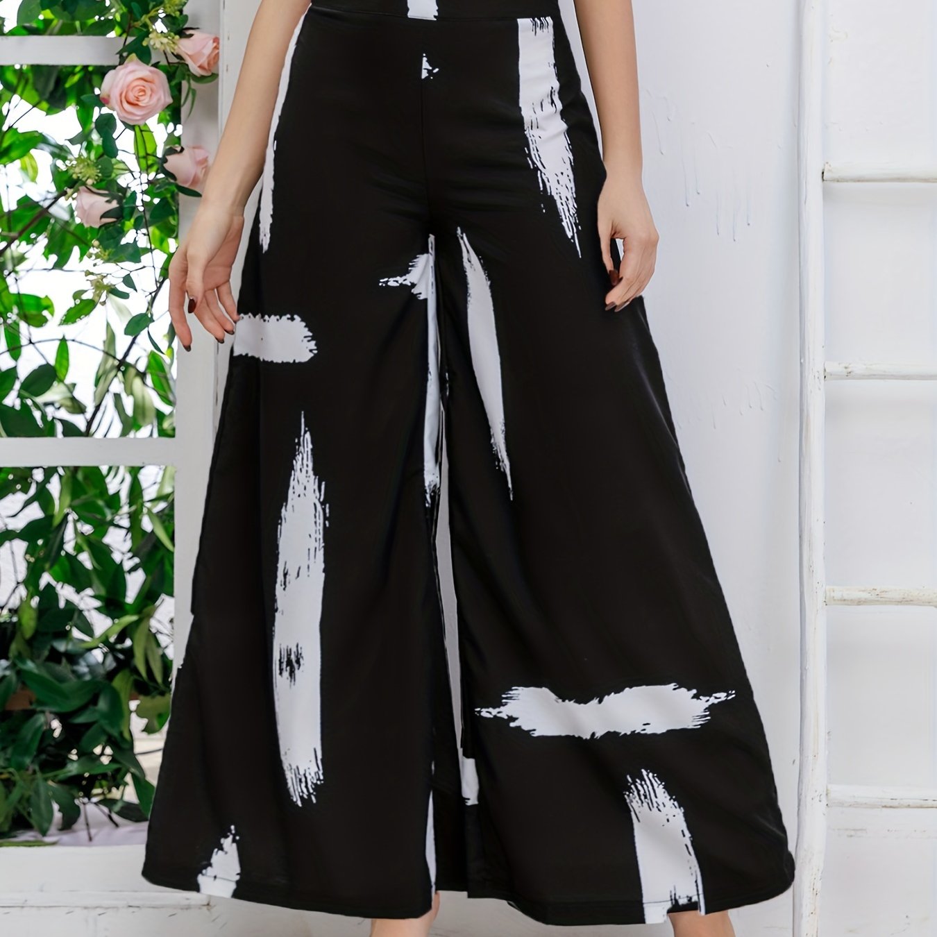Random Print Wide Leg Pants High Waist Casual