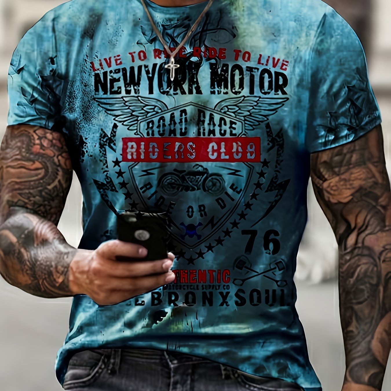 NEW YORK MOTOR Pattern Print Men's Short Sleeve T-shirt Graphic Tee