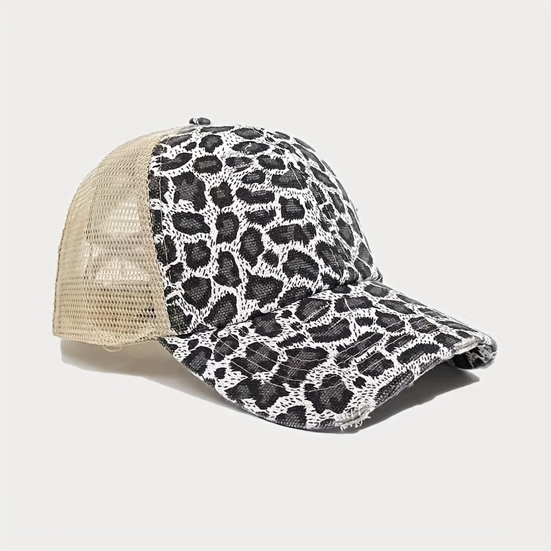 Leopard Print Mesh Baseball Cap Breathable Visor Cap Adjustable Trucker Hat