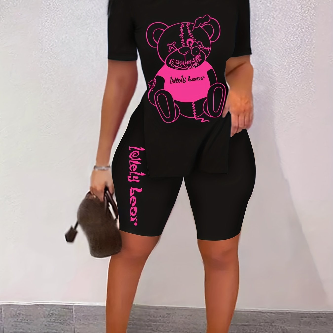 Teddy Bear Print Two piece Set Short Sleeve T Shirt & Workout Shorts