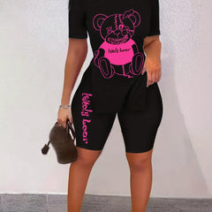 Teddy Bear Print Two piece Set Short Sleeve T Shirt & Workout Shorts