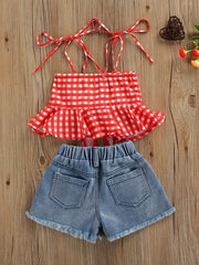 2pcs Baby Girls Plaid Bowknot Camisole Top & Denim Shorts Set