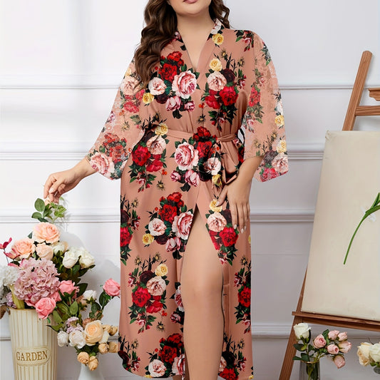 Lace Long Sleeve Robe Open Front Belted Bathrobe