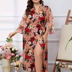 Lace Long Sleeve Robe Open Front Belted Bathrobe