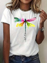 Dragonfly Printed Casual Sports T-shirt Short Sleeve Women's Top