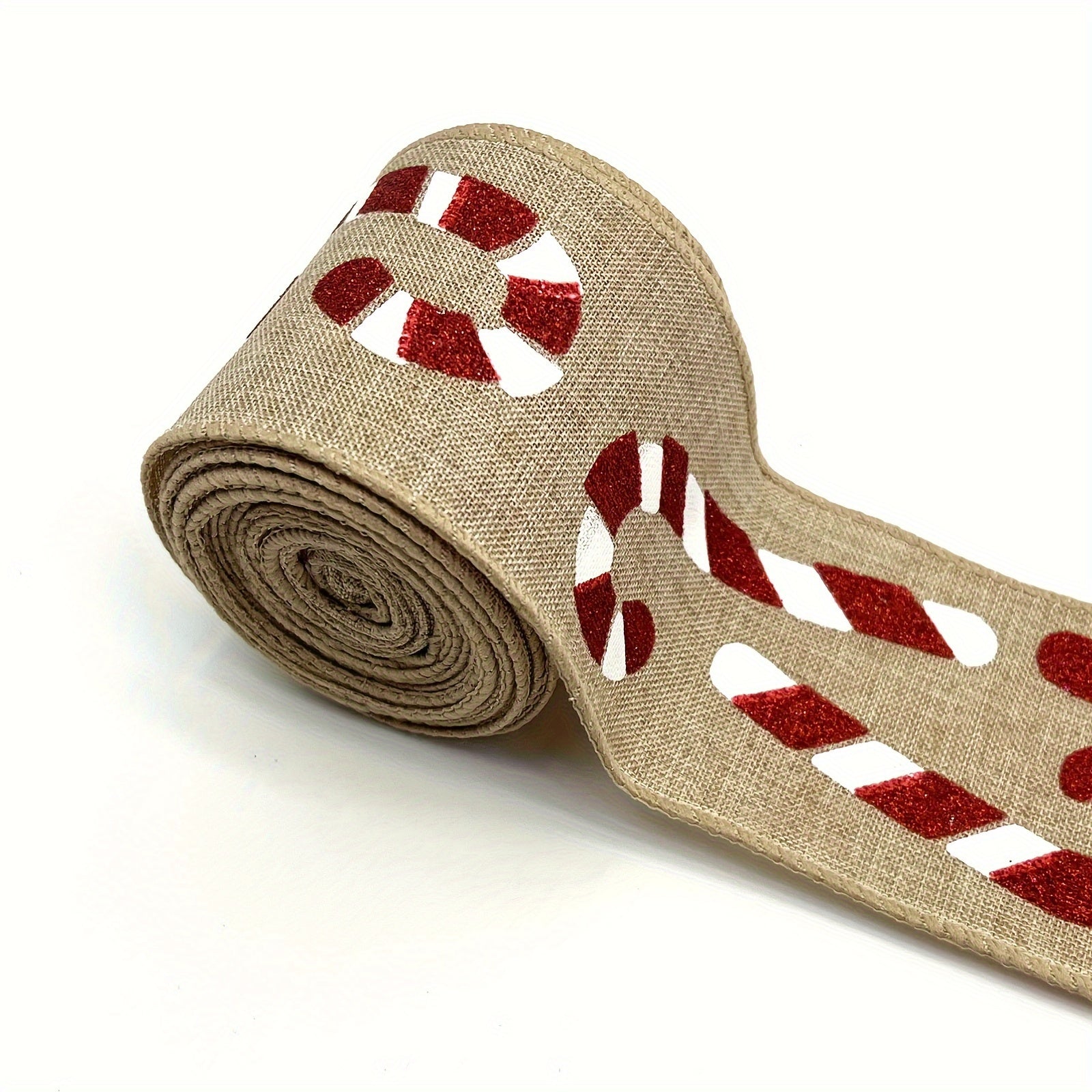 57 Meters Christmas Brown Candy Wired Edge Ribbon Red Candy Cane Fabric Craft