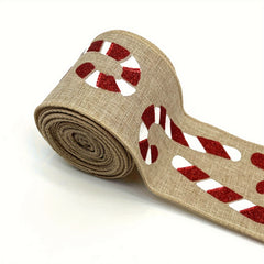 57 Meters Christmas Brown Candy Wired Edge Ribbon Red Candy Cane Fabric Craft