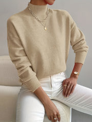 Solid Mock Neck Knit Sweater Drop Shoulder Long Sleeve Women's Clothing