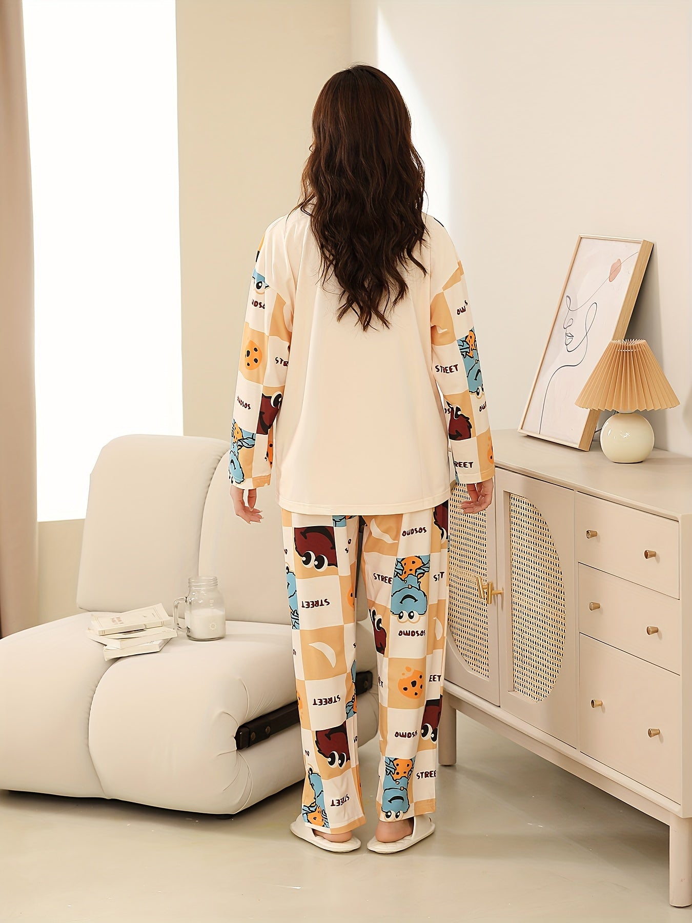 Cartoon Print Pajama Set Long Sleeve Top & Pants