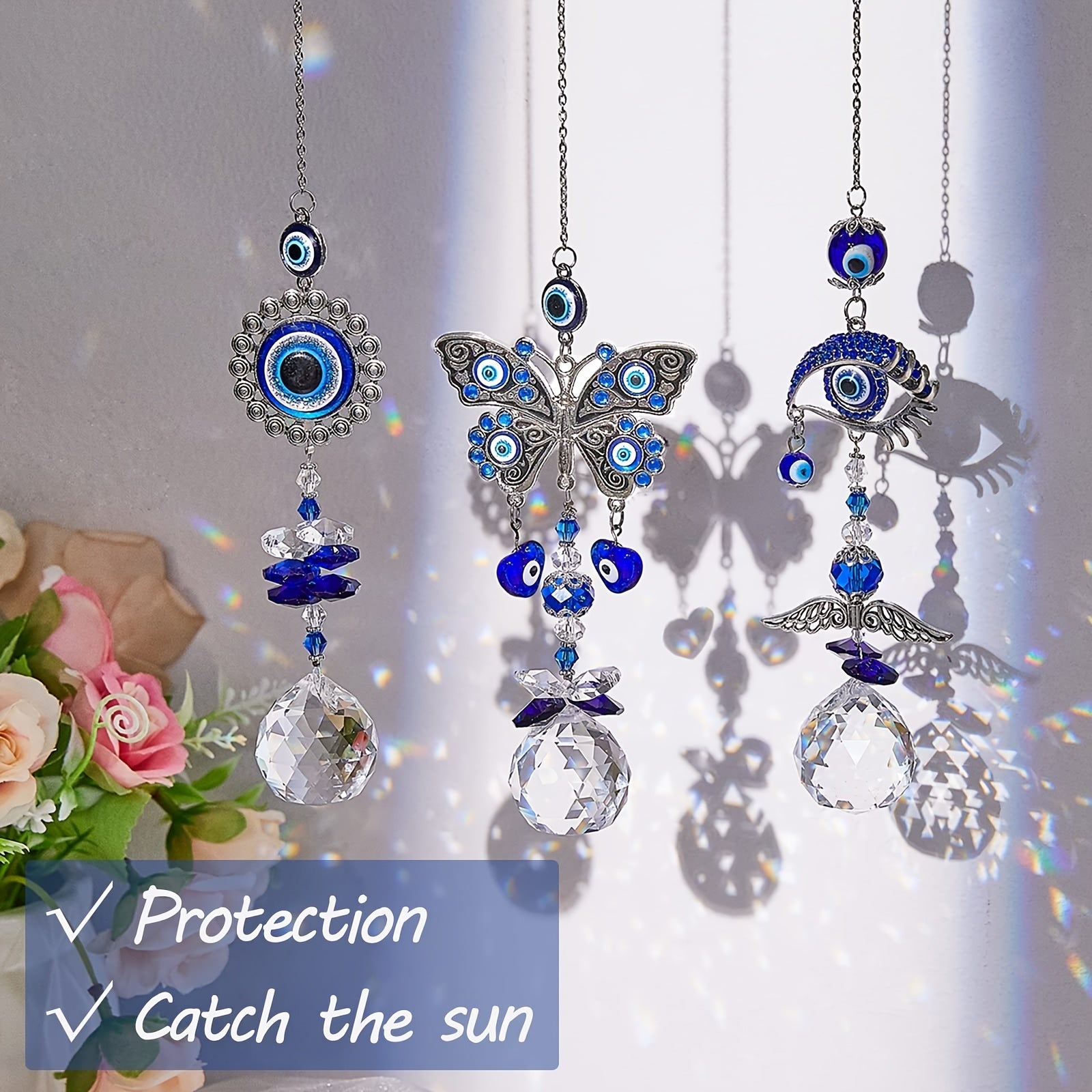 3pcs Evil Eye Suncatchers With Crystal Prism Balls Window Hanging