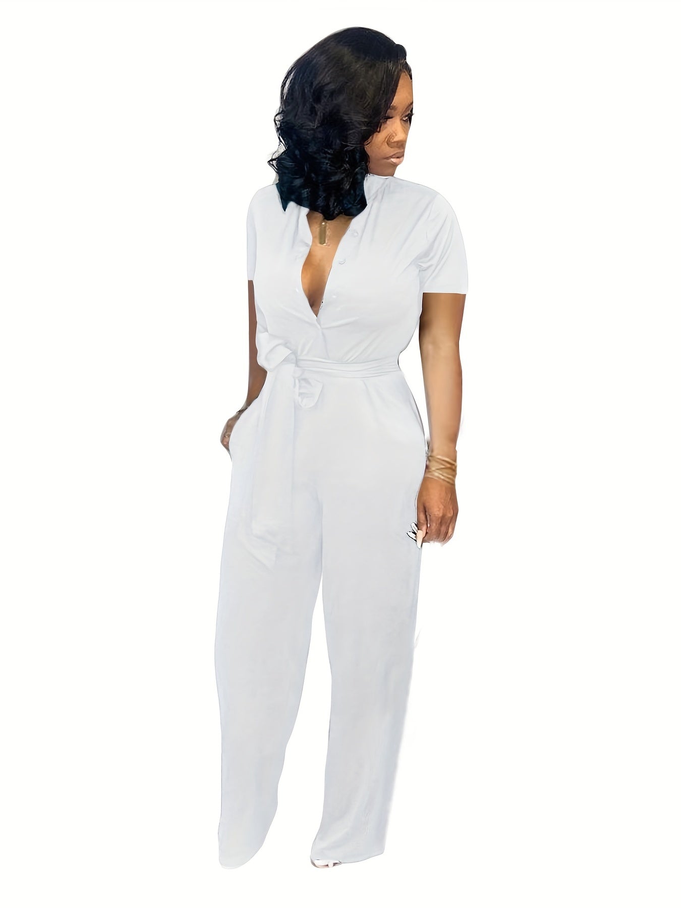 Casual Plunging Jumpsuit - Tie Waist - Long Length