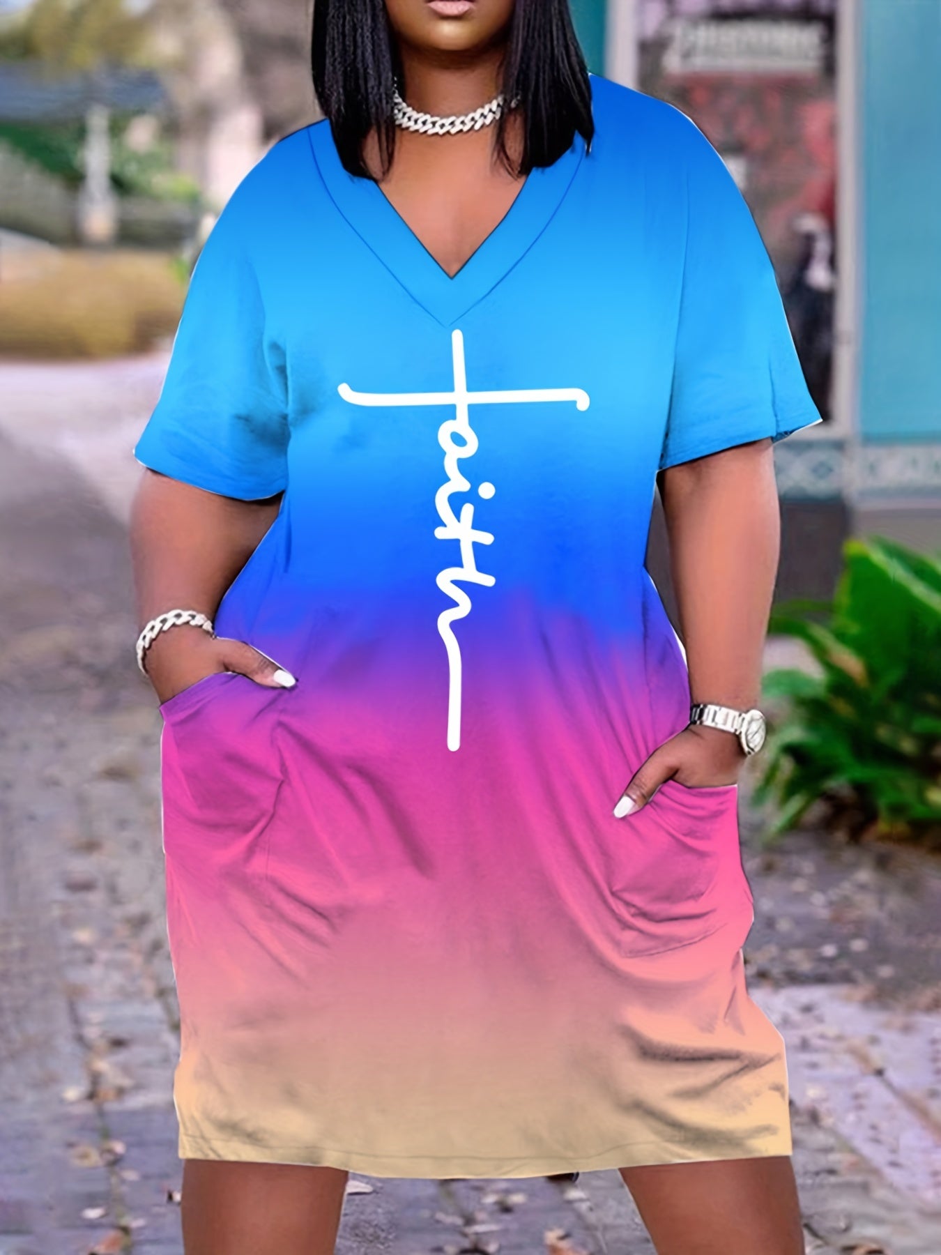 Casual Dress Women's Plus Letter & Ombre Print Short Sleeve V Neck Dre