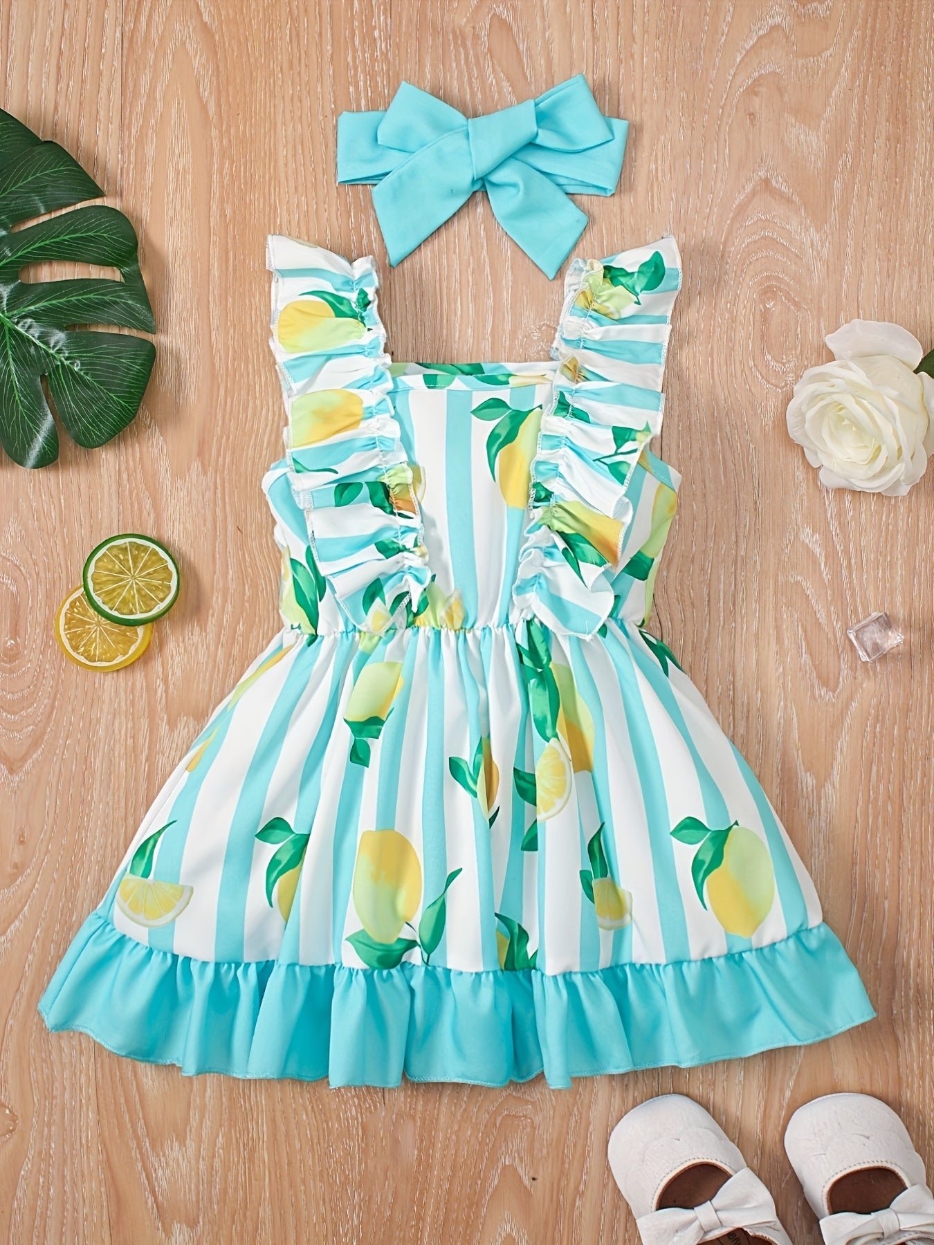 2pcs Baby Girls Fruit Print Ruffle Trim Dress & Headband Set