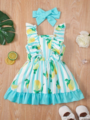 2pcs Baby Girls Fruit Print Ruffle Trim Dress & Headband Set
