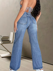 Wide Leg Straight Jeans Ripped Holes Slash Pockets Casual Denim Pants