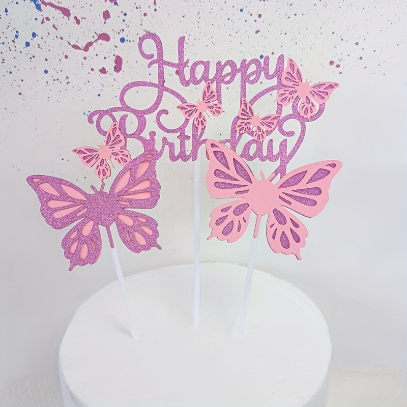 3pcs Glitter Butterfly Cake Toppers with Happy Birthday Topper