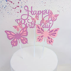 3pcs Glitter Butterfly Cake Toppers with Happy Birthday Topper