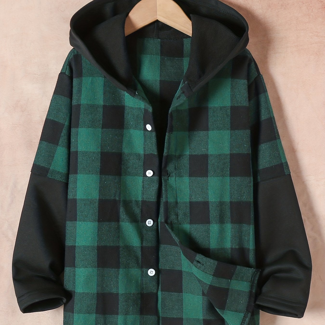 Boys Plaid Hooded Shirt Jacket For Spring And Autumn