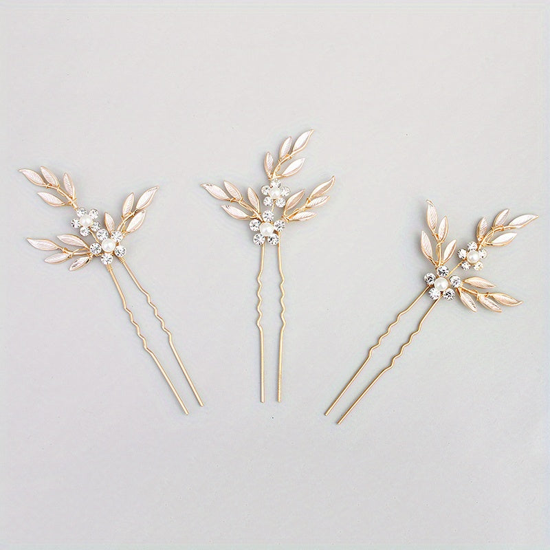 3pcs Rhinestone Flower & Leaf Hair Pin Bridal Wedding Accessory
