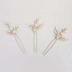 3pcs Rhinestone Flower & Leaf Hair Pin Bridal Wedding Accessory