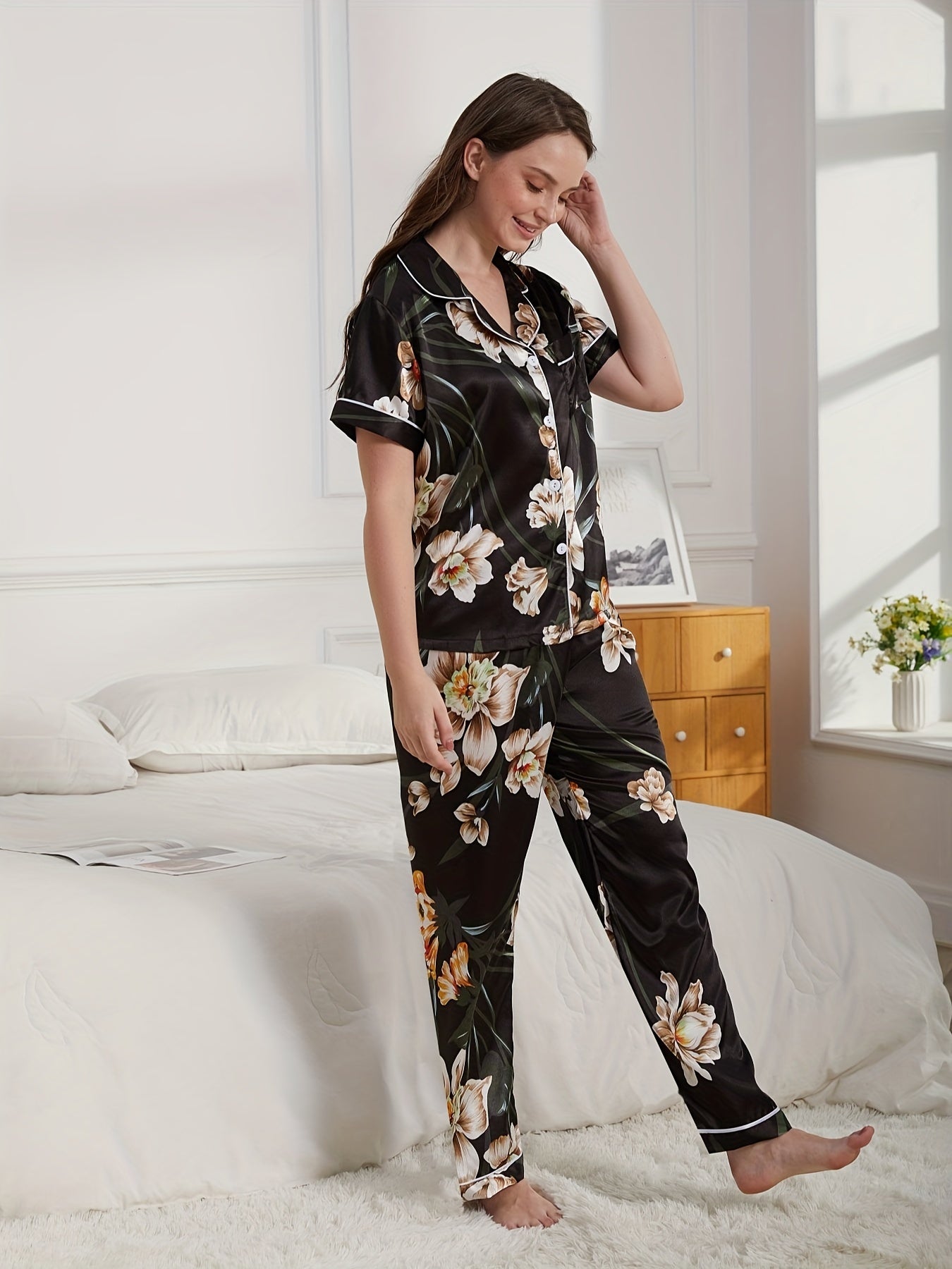 Floral Satin Pajama Set Short Sleeve Top & Pants