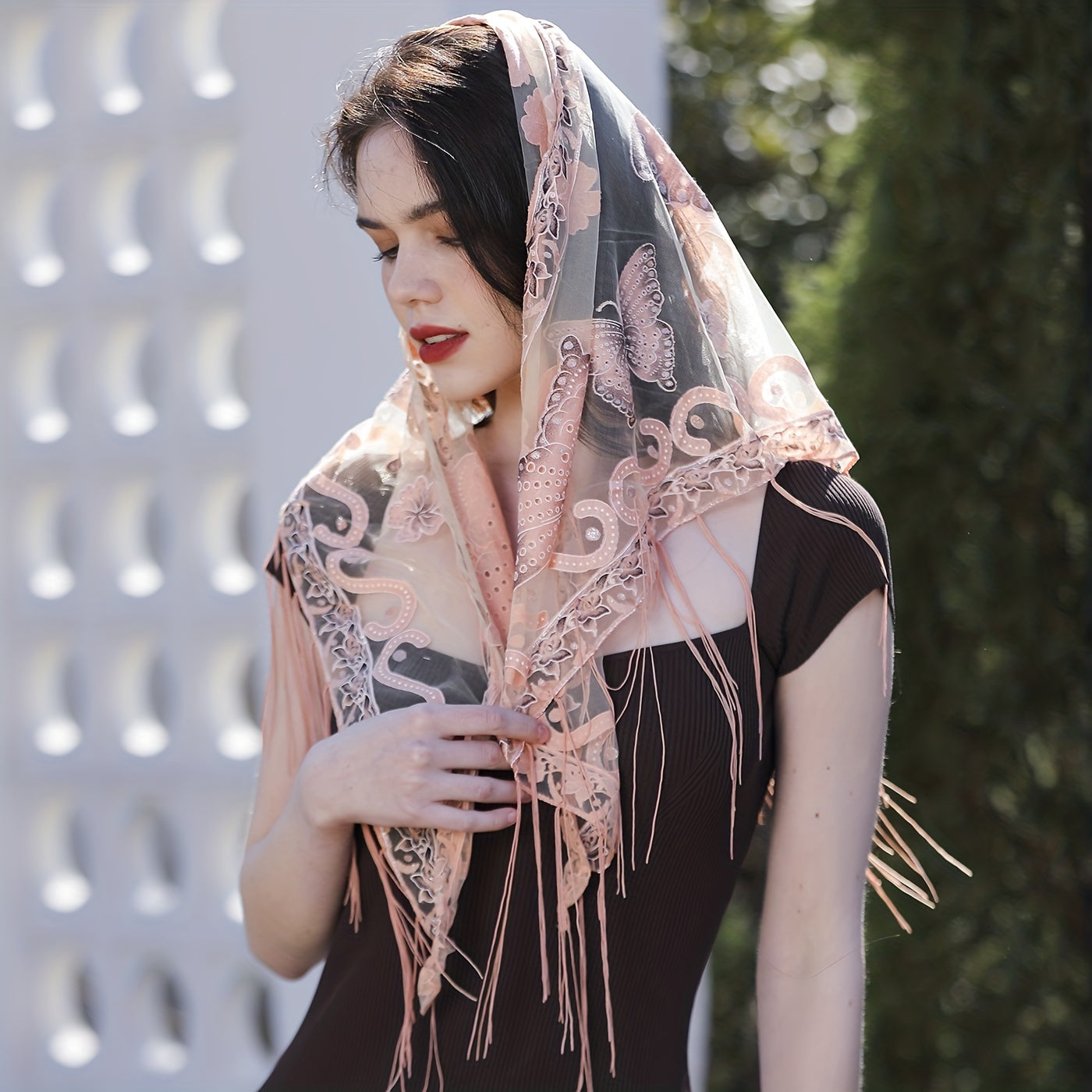 Long Tassel Triangle Scarf Butterfly Embroidery Shawl Women Outdoor