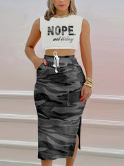 Casual Two piece Set Letter Print Top & Camo Split Skirt